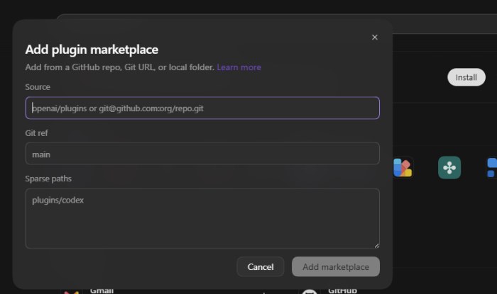 The Add plugin marketplace dialog, with fields for Source, Git ref and Sparse paths.