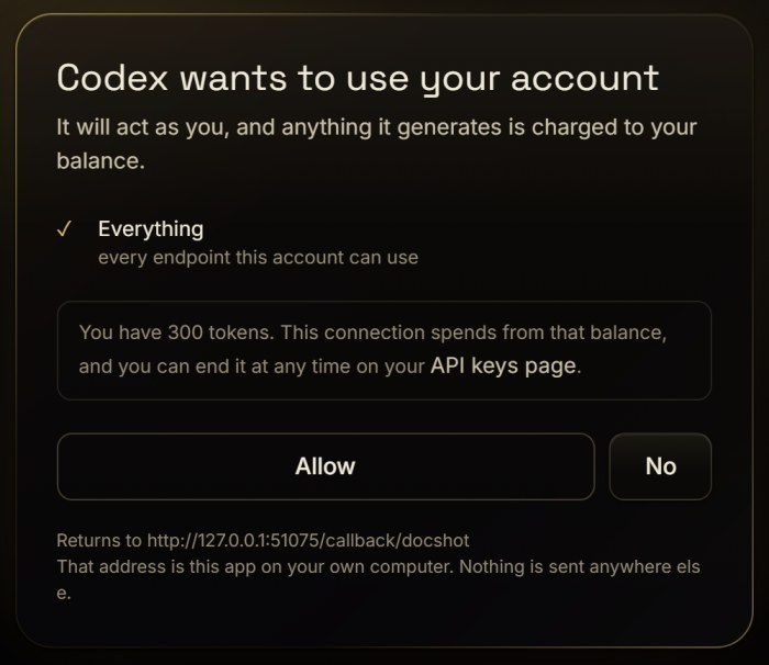 The approval screen: what the connection may use, the token balance, and an Allow button.