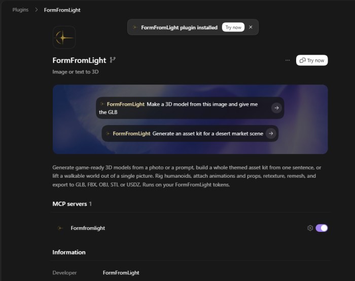 The installed FormFromLight plugin with its logo, description and starter prompts.